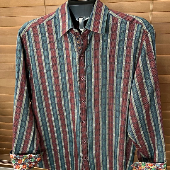 Robert Graham Green & Red Striped Shirt w/Flip Cuffs Size LARGE - Picture 1 of 2